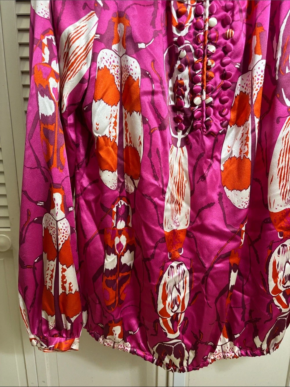 Tory Burch Satin Silk Beetle Print Bohemian Magenta Blouse Size 10